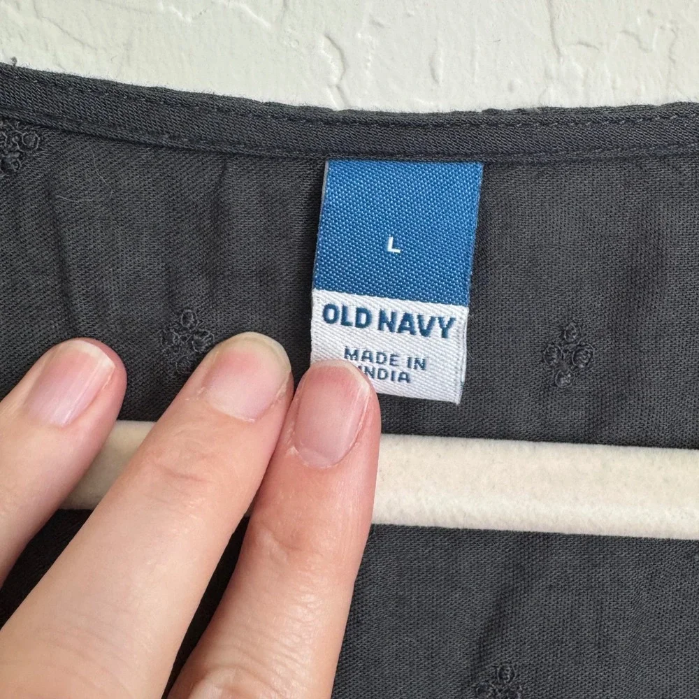 Old Navy Black Clip Dot Blouse Smocked Cuff L NWT Cottagecore Boho‎ Preppy